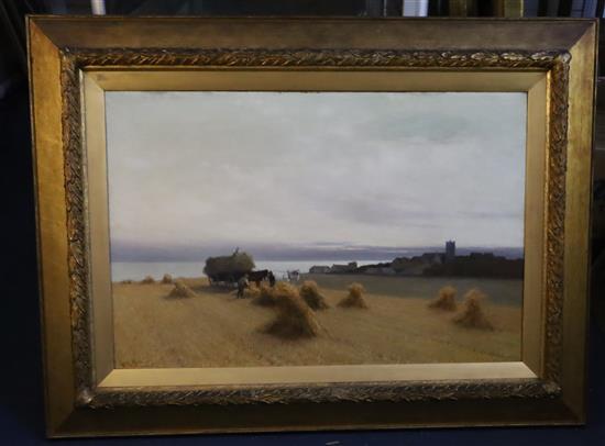 Leopold Rivers (1852-1905) Harvesters in a coastal landscape 19.5 x 29.5in.